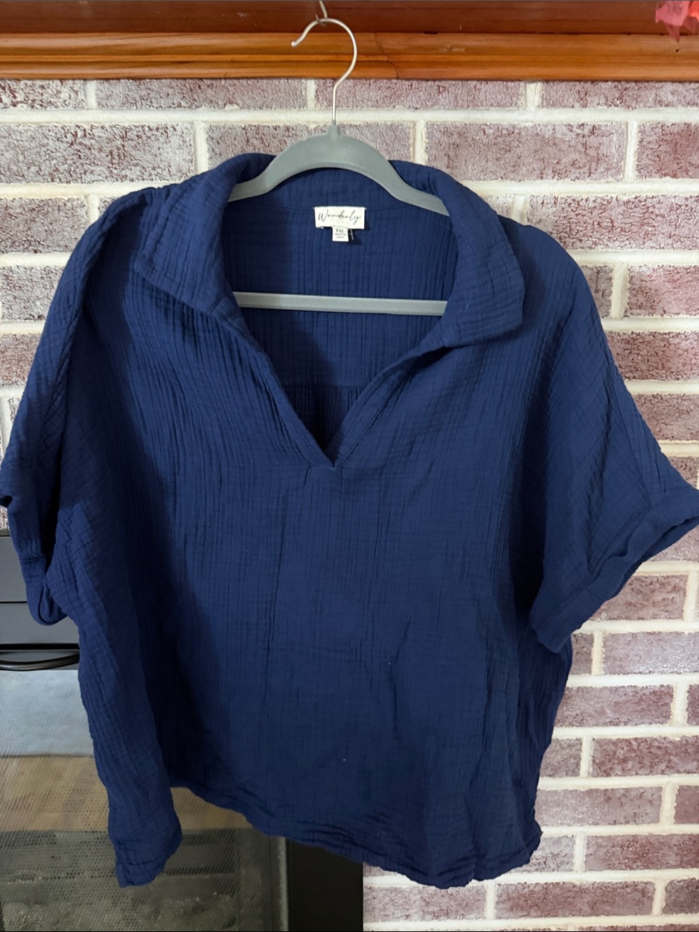 Wonderly Navy Crinkled V-Neck Collared Tunic